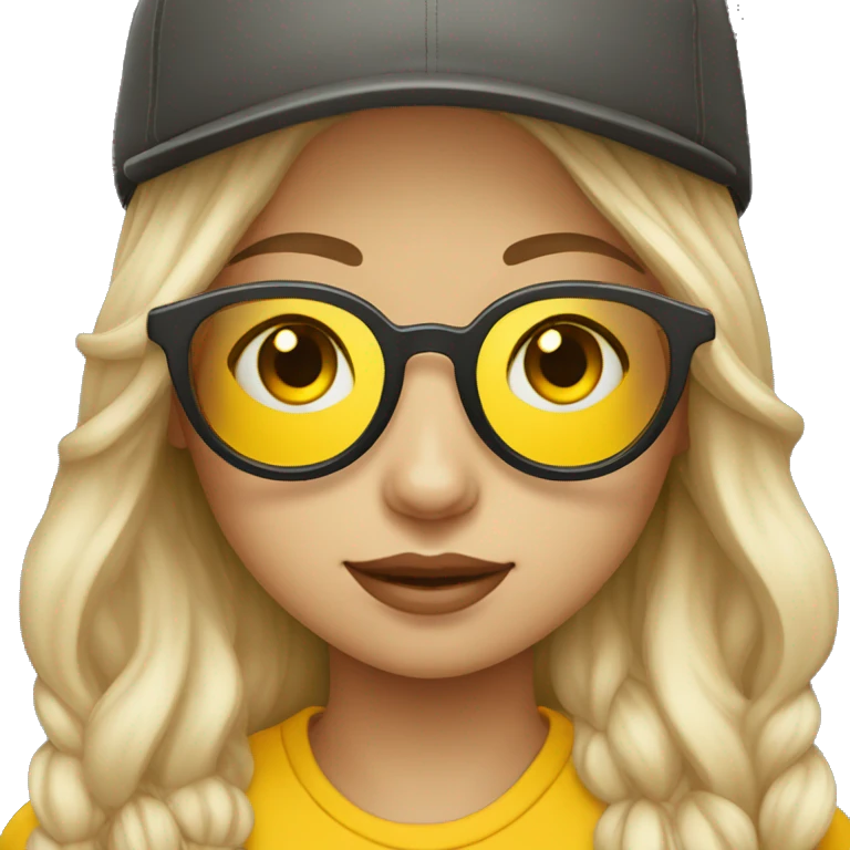 emoji of a girl wearing a cap with glasses that are fitted with yellow lenses. Emphasise the yellow lenses. Change the skin of the person to a biege colour emoji