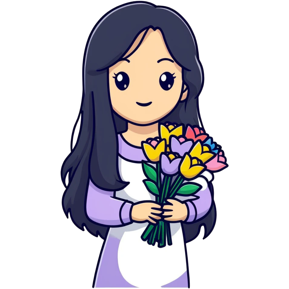 Beautiful girl with long black hair holding a bouquet of flowers emoji