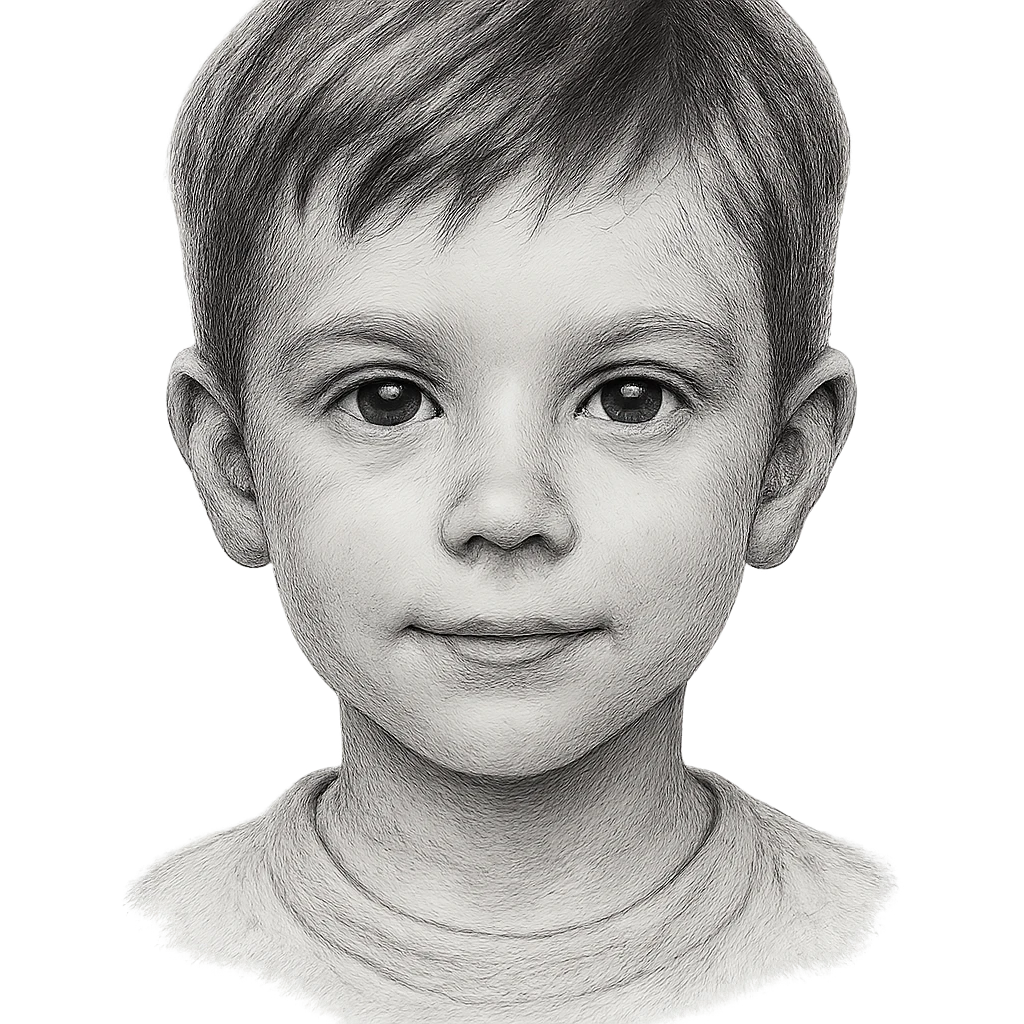 black and white portrait of a child boy's face in general style emoji