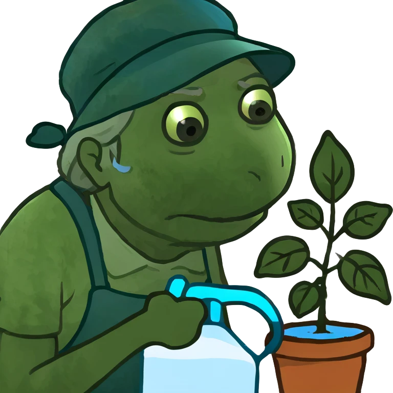 Old woman, wearing water pack, struggling to water house plants emoji