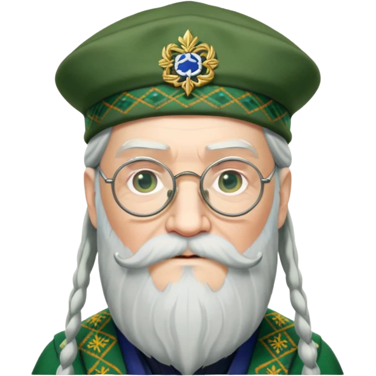 Dumbledore wear green scotland Tam o'shanter cap with decorative patterns, wear glasses, very long beard emoji