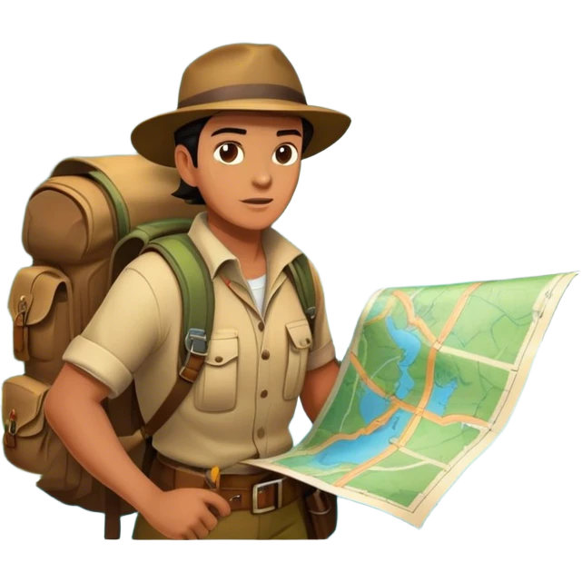 Icon for Adventure Movie: A vintage poster-style design featuring a daring explorer with a map, compass, and backpack. Include dramatic landscapes like jungles, mountains, and rivers, with a dynamic action scene. Bold, adventurous colors and a retro cinematic feel. Transparent background. emoji