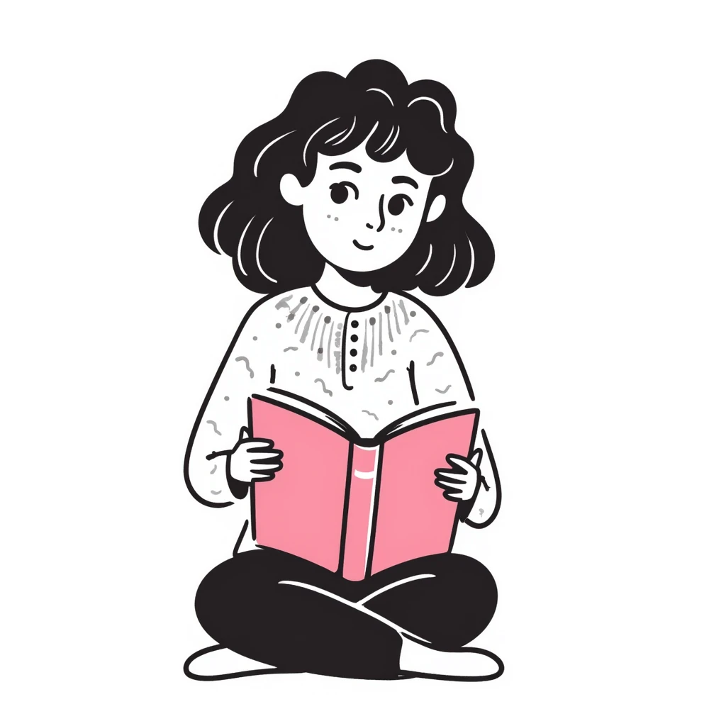 girly character with brown soft curly hair reading a pink book emoji