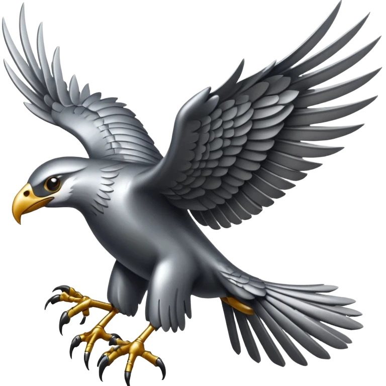 Emoji-style icon of a large metallic predatory bird flying, sharp wings, steel texture, dramatic pose, no gold no yellow emoji