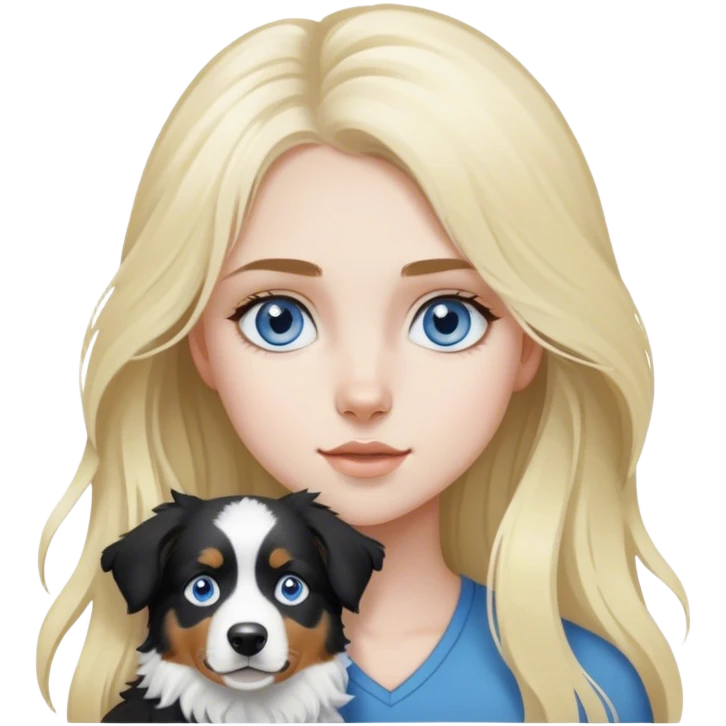 pale girl with blue eyes and long blonde hair and black white Australian shepherd. emoji