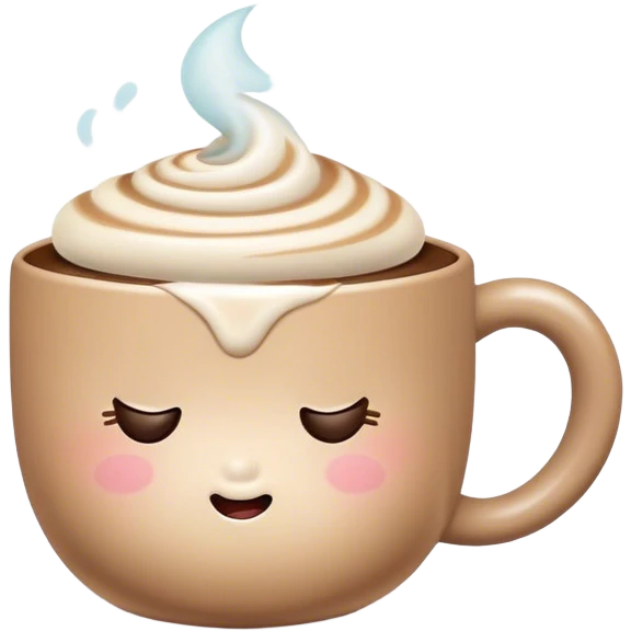 Cute Kawaii Coffee Cup, cozy and warm, a tiny swirl of steam shaped like a heart, round chubby face with a sleepy but content expression, soft pastel brown and cream colors, perfect morning vibes! emoji