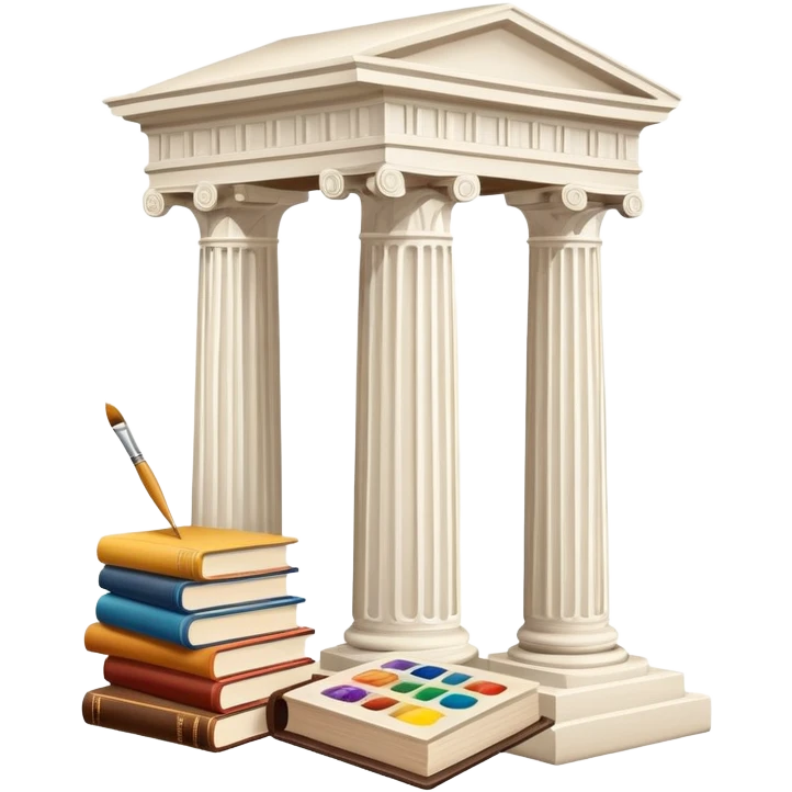 An icon featuring a paint palette, a sculpture, and a book, symbolizing the study of culture and art. The design includes a classical column and a canvas, representing art history and cultural exploration. Transparent background highlights the connection between creativity and history. emoji
