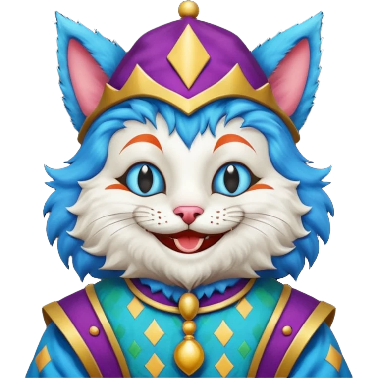 crazy colorful cute little cat jolly joker from poker, medieval, vintage, court jester, mac os squared icon, blue color emoji