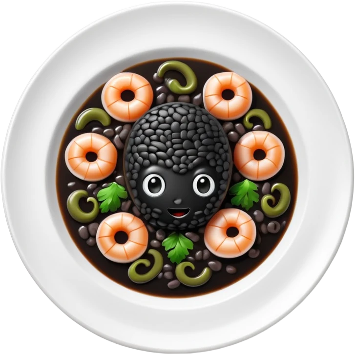 cinematic-realistic-black-risotto-dish-emoji,-showcasing-small squid pieces in black sauce -rendered-with-bold-textures-and-dynamic,-dramatic-lighting in a white plate emoji