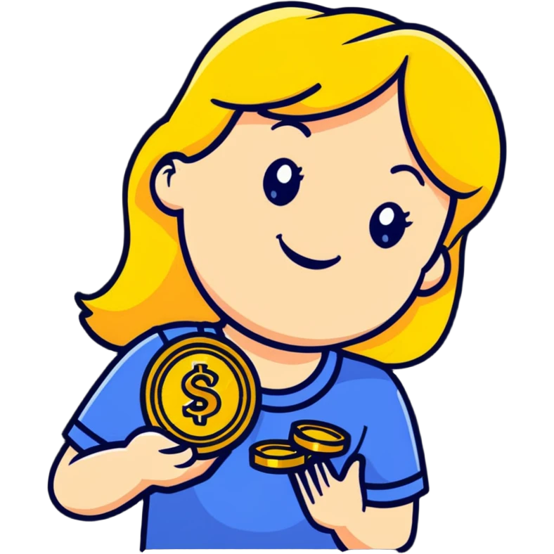 smiling blonde girl holding gold coins emoji
