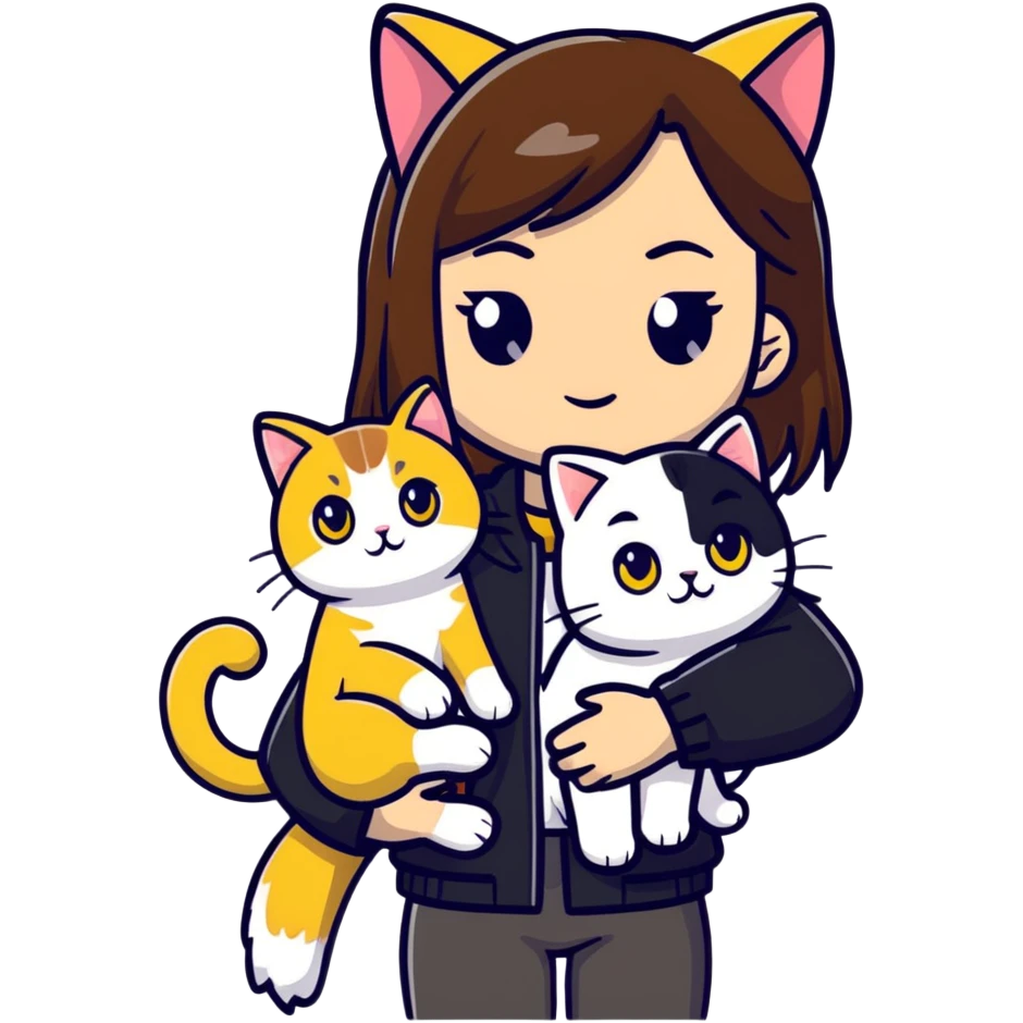 Light-skinned girl with brown straight hair wearing a black jacket, with a white cat with yellow eyes and a calico cat emoji