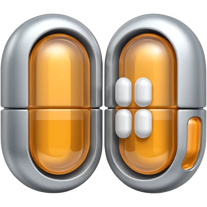 capsule pill emoji, metallic silver halves, smooth glossy finish, futuristic pharmaceutical 3D icon, isolated on white emoji