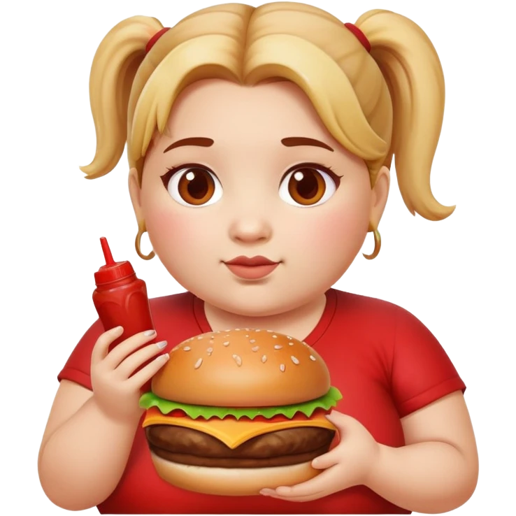 Una niña muy gorda con una coleta y con una hamburguesa en la mano y machada de ketchup emoji
