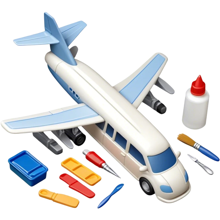 model-building tools like glue, paint, small paintbrushes, and pieces of a plastic model car or airplane in the process of being assembled. The design includes detailed textures of the model pieces and tools, capturing the focus and creativity of model building. Transparent background. emoji