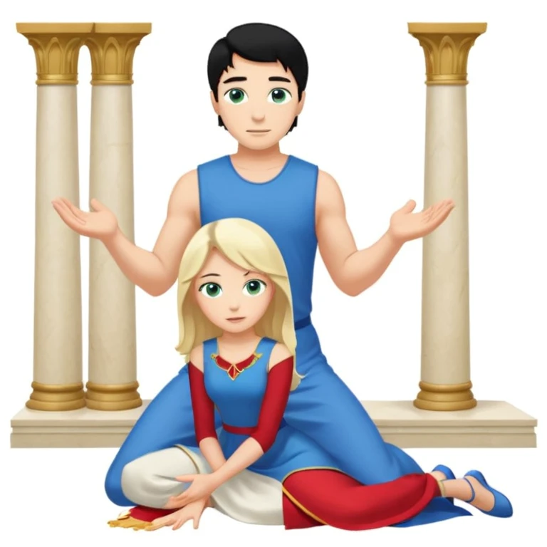Man as king, black Hair, blue eyes, woman, blonde, green eyes, shott white sleveless Dress, kneeling, background palace emoji