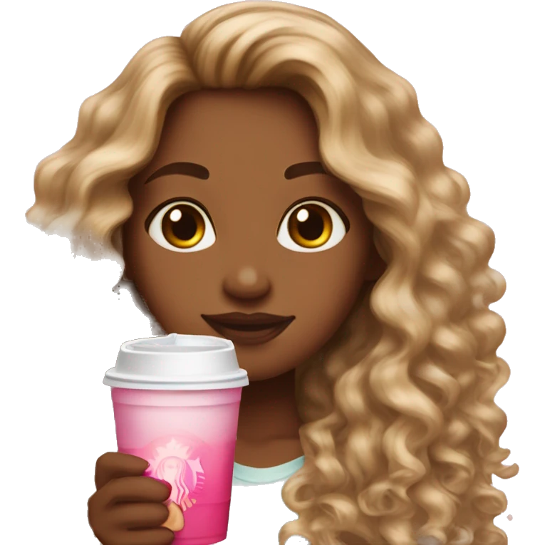 girl with brown and blonde ombré long curly hair holding Pink starbucks refresher emoji