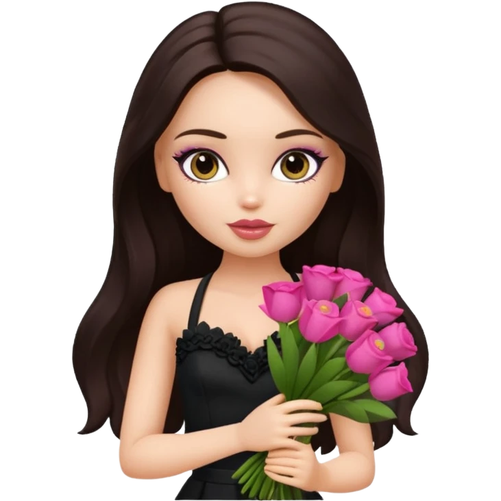 pretty bratz doll with makeup with dark halterneck top, long dark brown hair holding big bouquet of flowers emoji