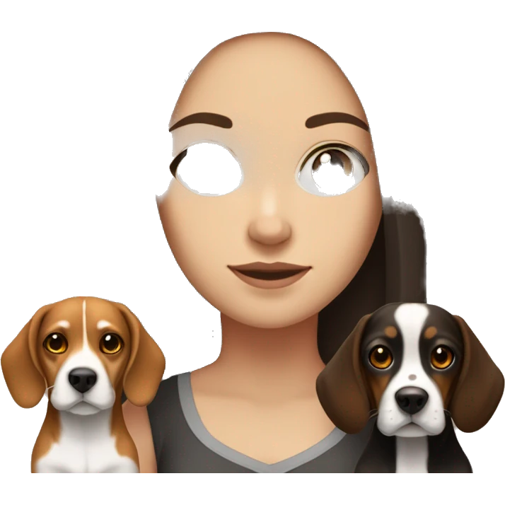white girl with dark brown long hair, dark eyes, and a small beagle Dog with neakle red emoji