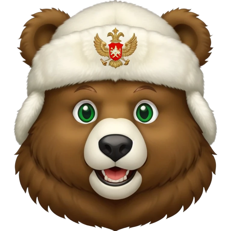 Grinning Russian bear with forest green eyes, fluffy white ushanka hat adorned with double-headed eagle coat of arms emoji