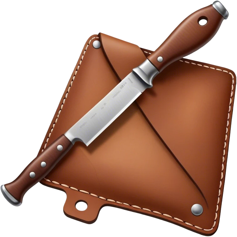 Leatherworking icon, piece of raw leather being processed, tools like knife, stitching awl, mallet, leathercraft tools in use, texture of leather, minimalistic style, clean lines, transparent background. emoji