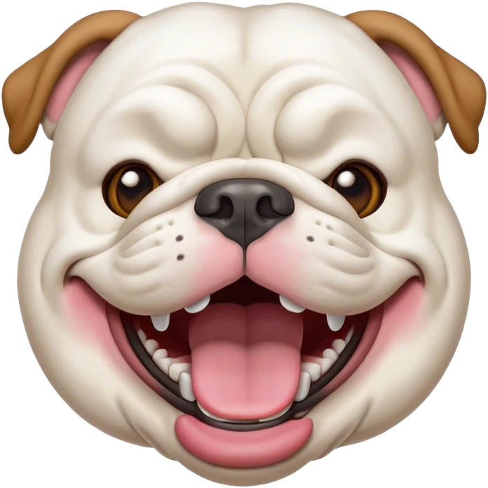 Cinematic Comical White English Bulldog Portrait Emoji, Head tilted dramatically with an exaggeratedly amused expression, featuring a striking pure white coat with a subtle sheen, wide, expressive brown eyes filled with playful disbelief, Simplified yet hilariously expressive features, highly detailed, glowing with a slightly sassy glow, high shine, dramatic yet playful, stylized with an air of cheeky defiance, bright and endearing, soft glowing outline, capturing the essence of a spirited and over-the-top guardian, so meme-worthy it feels like it could side-eye its way into internet fame instantly! emoji