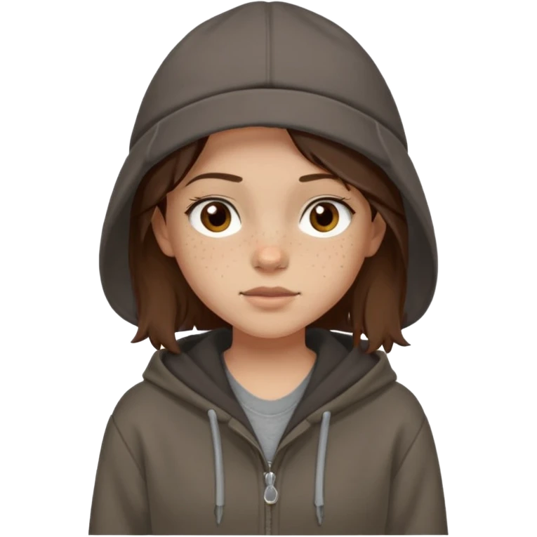 Hobo tomboy with light skin, freckles, shoulder-length center-parted dark brown hair. brown eyes, dark dull brown hoodie, grey shirt. Bolero hat emoji