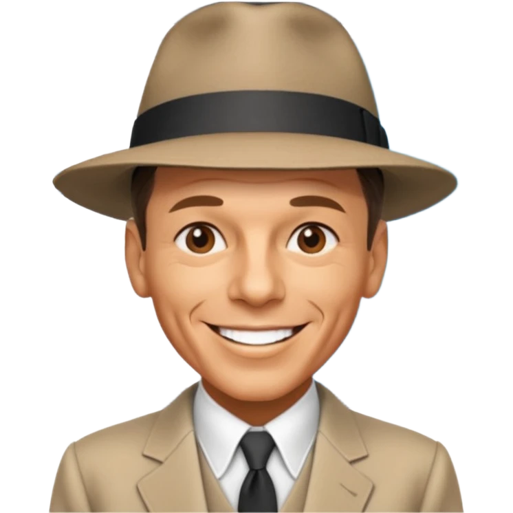 Frank Sinatra with the hat on, smiling and showing data analytics on a screen in the background emoji