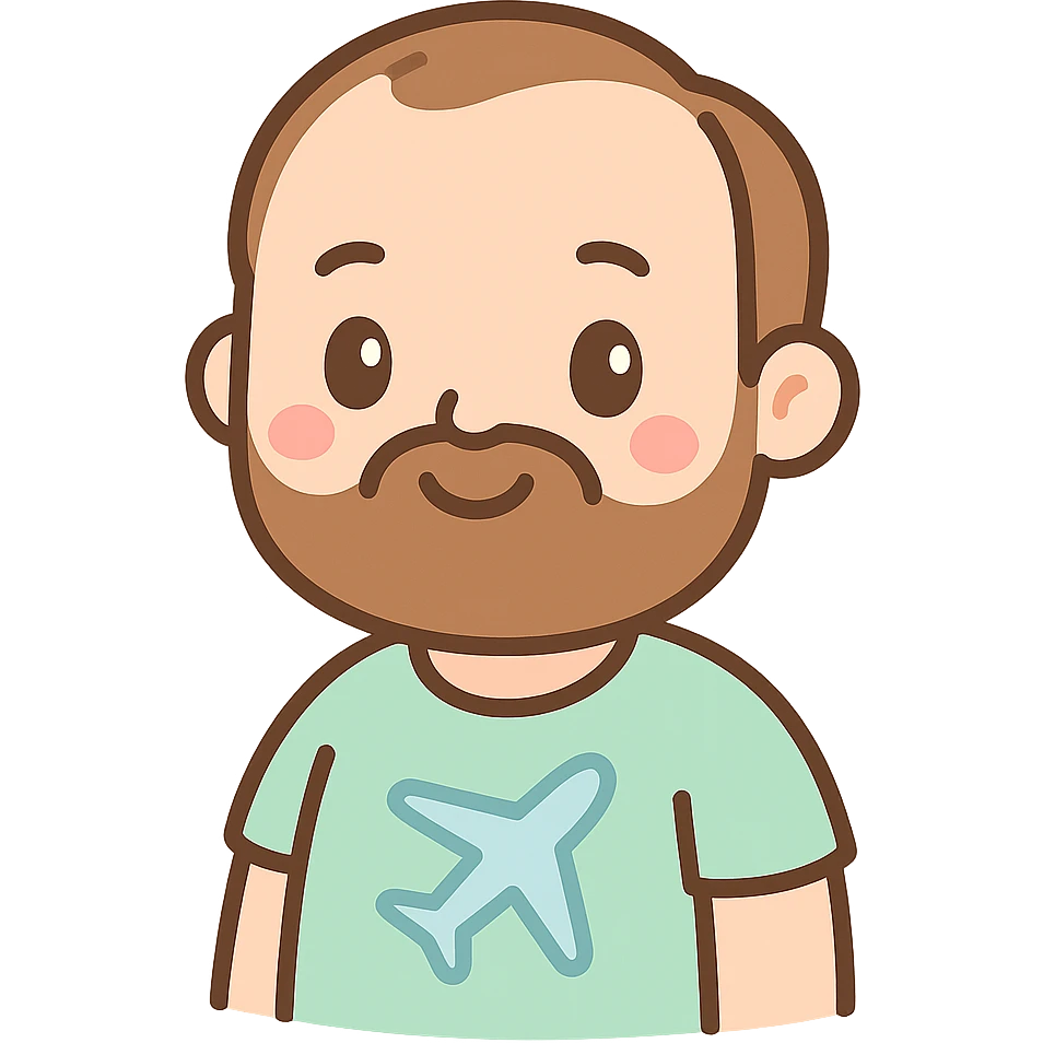 aviation geek short-bearded man, brown hair, slightly balding, close trimmed beard, cute kawaii style emoji