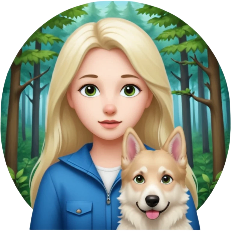 White European young woman with blue-green eyes and long blond hair with her white German Shepherd dog,the Dog hast a pink nose and short fur  and Brown eyes emoji