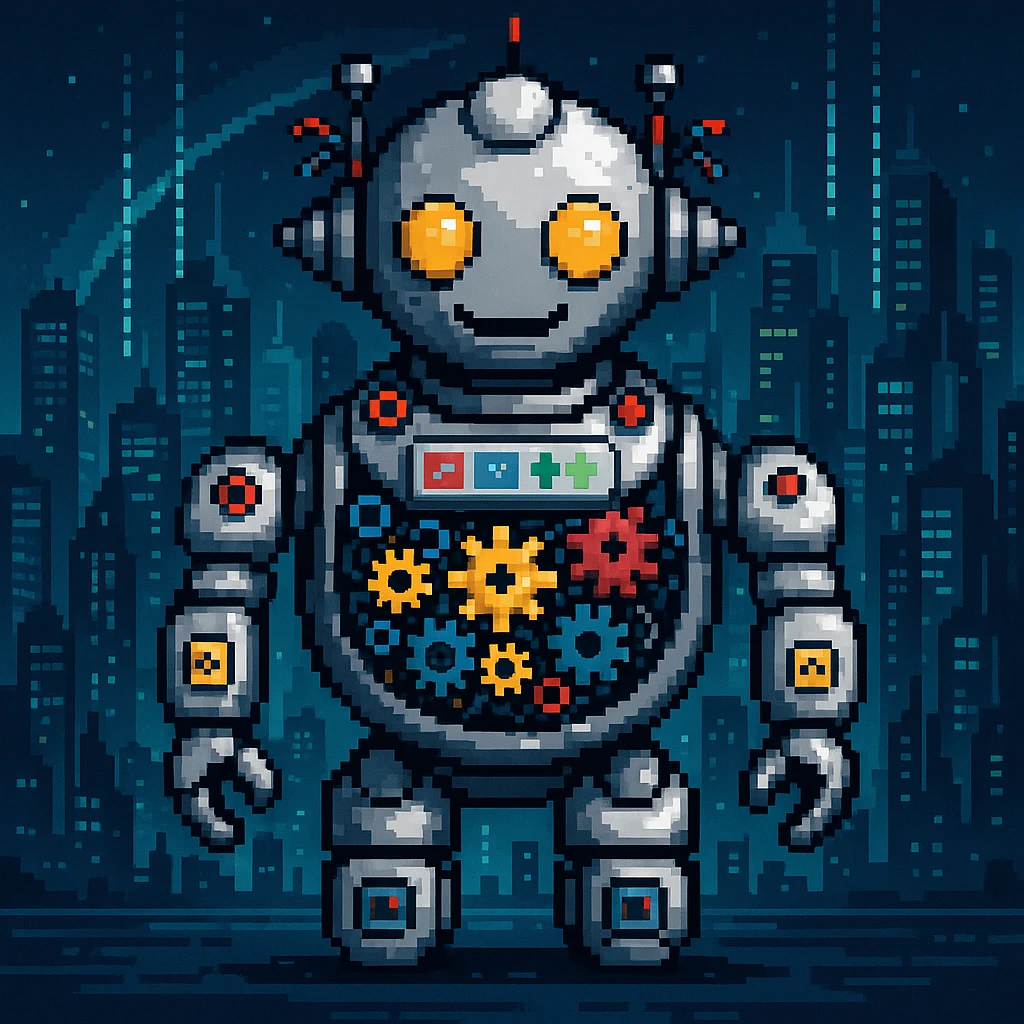 Add a futuristic city background, keep the robot with gears and data streams as the main subject, maintain pixel art style emoji