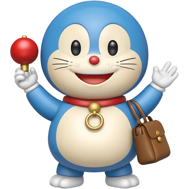 Doraemon, smiling, showing his bell and pocket emoji