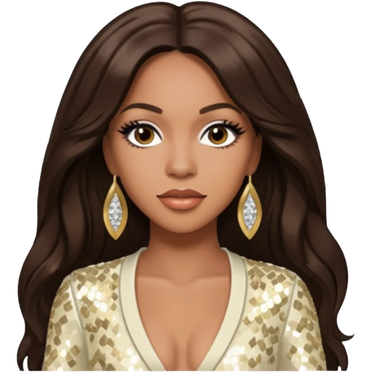 Farrah Franklin from Destiny's Child with long dark brown hair, ivory sequin outfit emoji