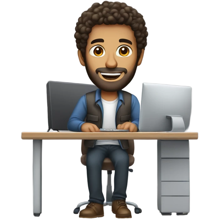 tall men working with his computer. light brown skin men with curly dark brown hair, brown eyes, little grown beard. imposing, bit muscular build. dressed casual. emoji