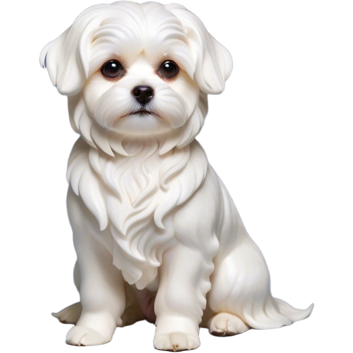 Cinematic Noble Wavy-Haired Maltese Dog Portrait Emoji, Poised and regal, with a delicate, compact build and a pristine, wavy-haired white coat that cascades in gentle curls, deep-set soulful dark eyes, Simplified yet sharp and sophisticated features, highly detailed, glowing with a soft, dignified glow, high shine, intelligent and gentle, stylized with an air of refinement, focused and attentive, soft glowing outline, capturing the essence of a watchful and graceful companion, so majestic it feels as though it could prance out of the screen with effortless authority! emoji