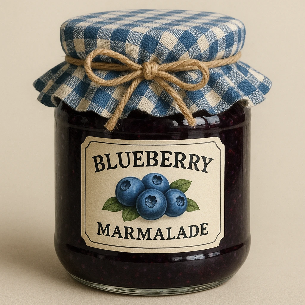 a jar of blueberry marmalade with a blue and white tiled fabric cap and a bow tied on top, detailed, realistic emoji