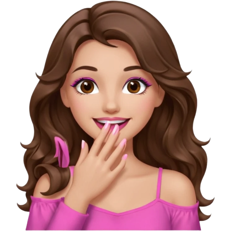 girl with long wavy brown hair, brown eyes, long lashes makeup, pink lips, light to medium complexion, pink sexy top, smiling, hand covering the mouth, giggling emoji