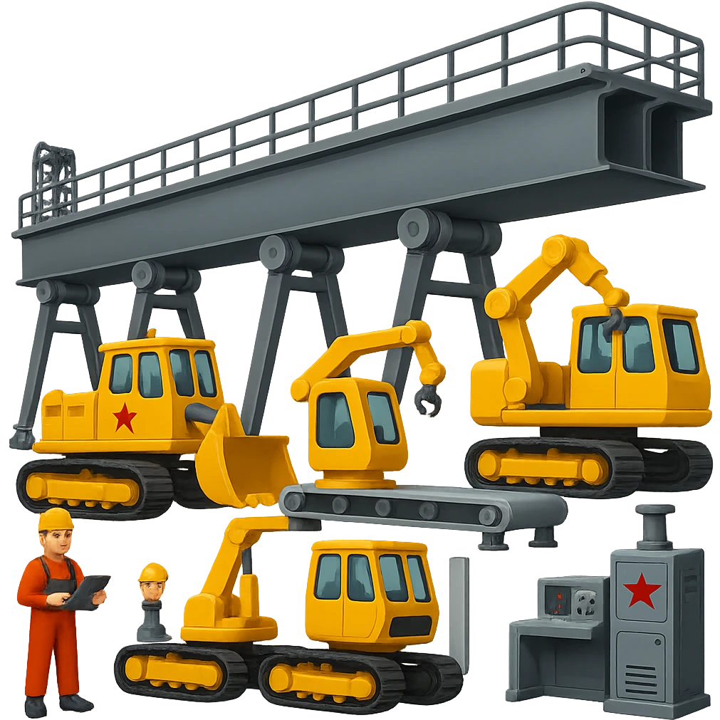 Add more assembly line machinery and equipment to the Soviet heavy equipment plant in emoji style, with no background. emoji