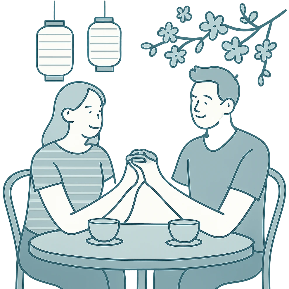 A couple seated at a small street cafe table with Japanese paper lanterns, cherry blossoms nearby, and simple teacups, clean minimal design with soft curves emoji