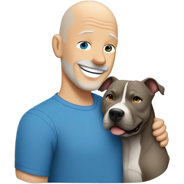 bald white mature man no beard blue eyes and blue tshirt Hugging large gray smiling pit bull emoji