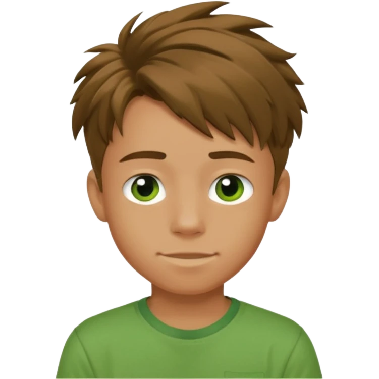 A 14 yerar old teenage boy, slightly tanned, wearing a green tshirt (no pocket), blue jeans and green sneakers with brown tousled hair, smirking emoji