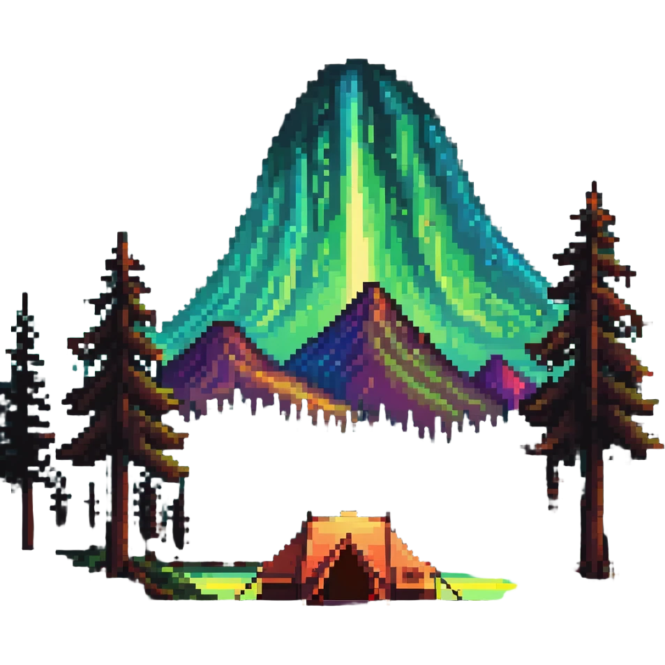 aurora borealis night sky over forest with tent emoji