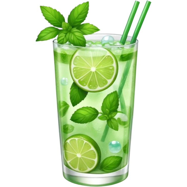 A mojito filled with mint leaves, lime wedges, and sparkling bubbles.
 emoji