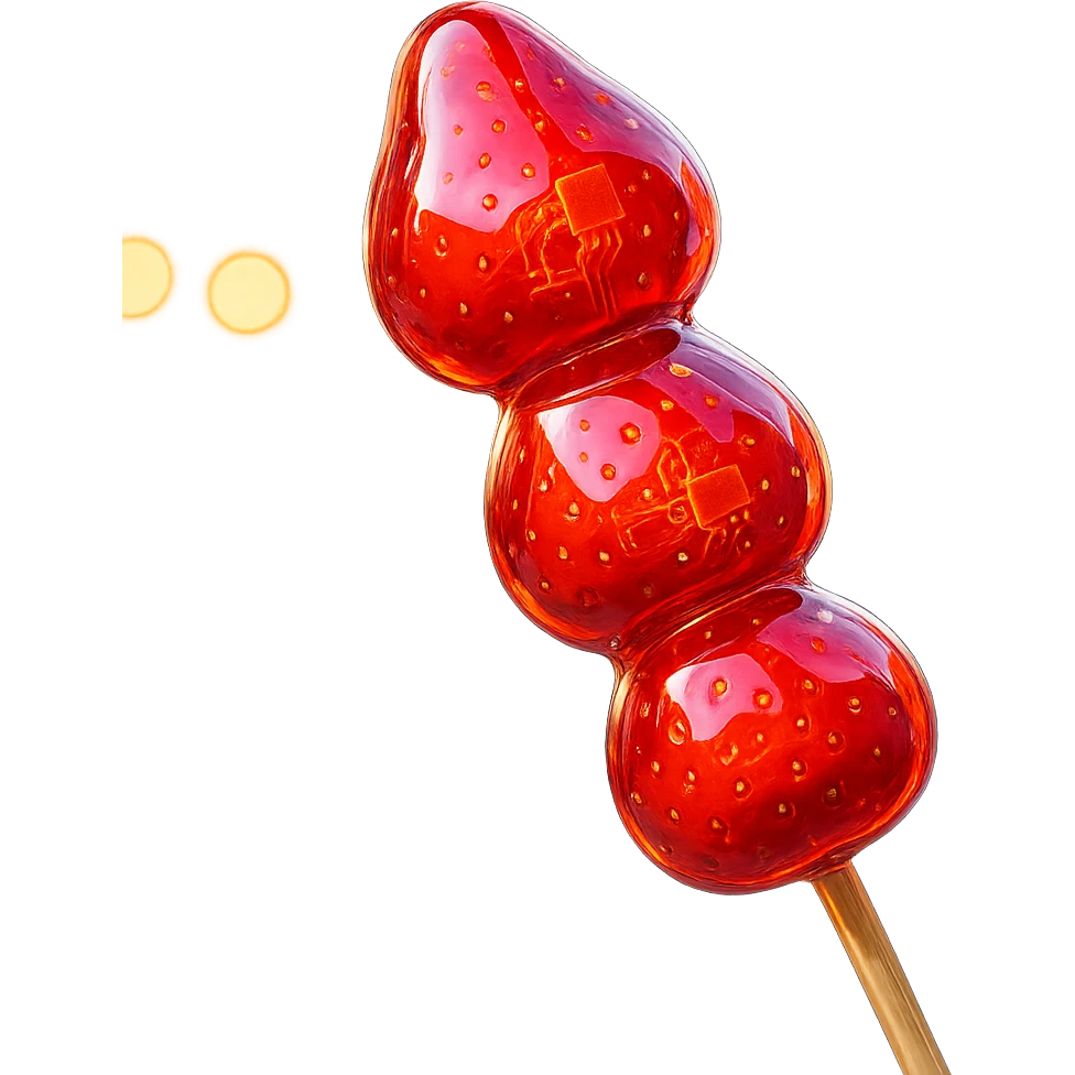 glossy red candied strawberry skewers (Tanghulu) with a crystal-clear sugar coating, reflecting light, held vertically, street food background blurred, high realism, sharp details, vibrant colors emoji