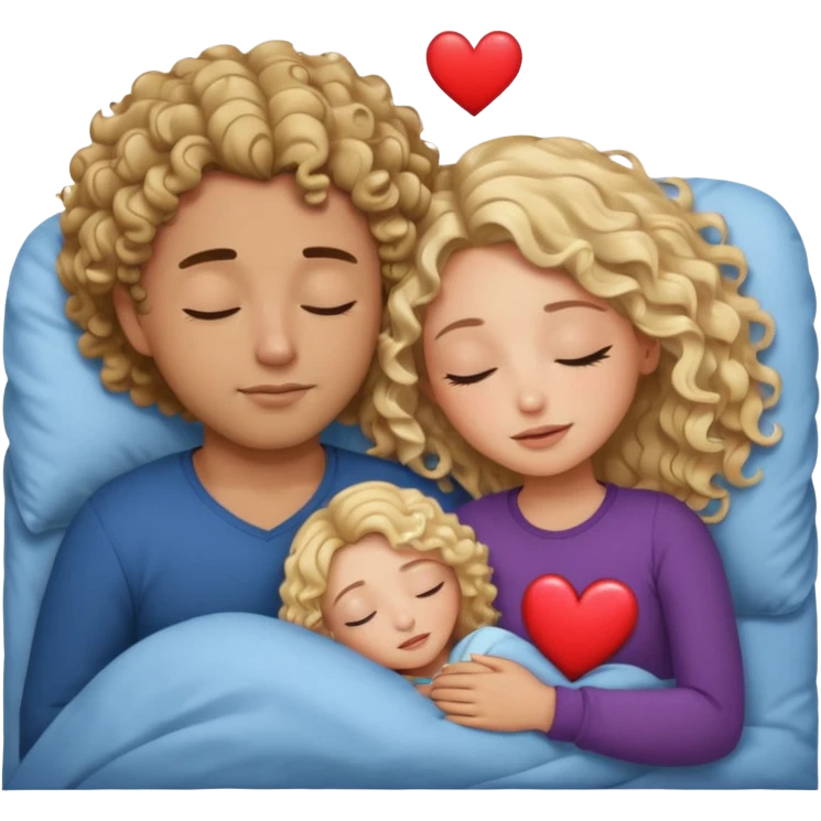 cuddling in bed, asleep. wavy haired blonde girl. man with curly,  dark brown hair. eyes closed. heart between them. no headboard emoji