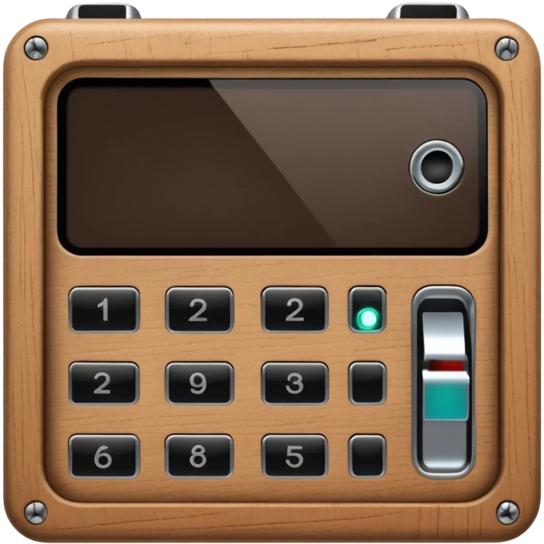 wooden rectangle keypad with a black small screen and a door holder emoji