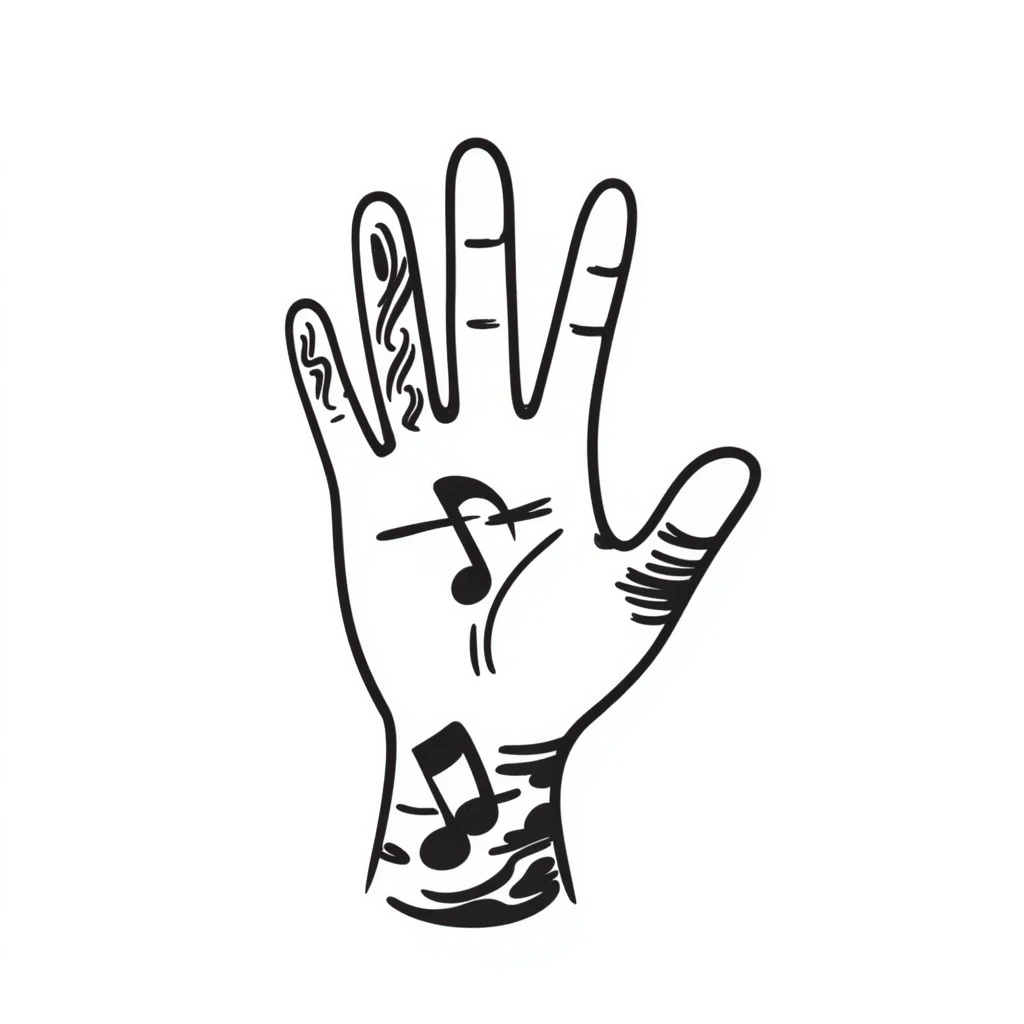 stylized symmetrical hand with tattoos in doodle style, square format, suitable as emoji for music marketing course cover emoji