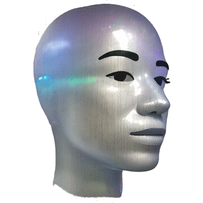 Person face portrait made entirely of holographic vinyls and music notes emoji