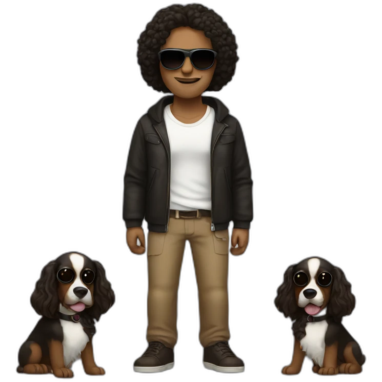 Brown men with black hair with sunglasses with black and Brown spaniel coctet emoji