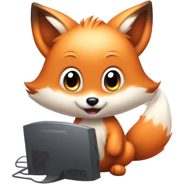 Detailled Baby kawaii fox on gaming computer emoji