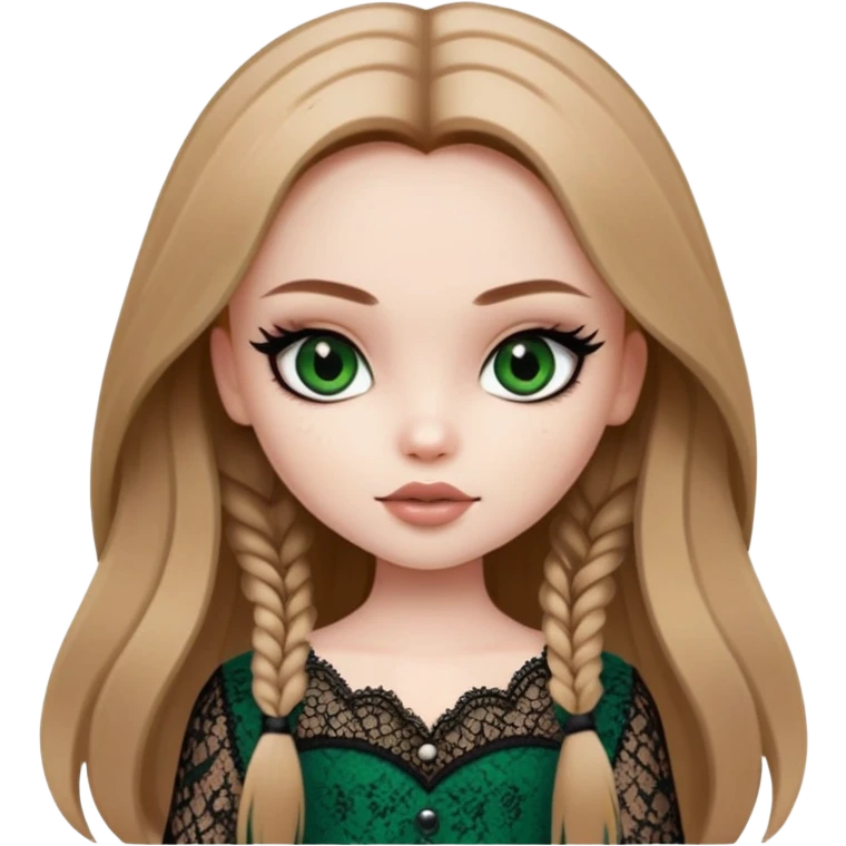 pretty bratz girl, long straight light brown hair, dark green eyes, black eyeliner, pale skin, dark girly lace clothes emoji